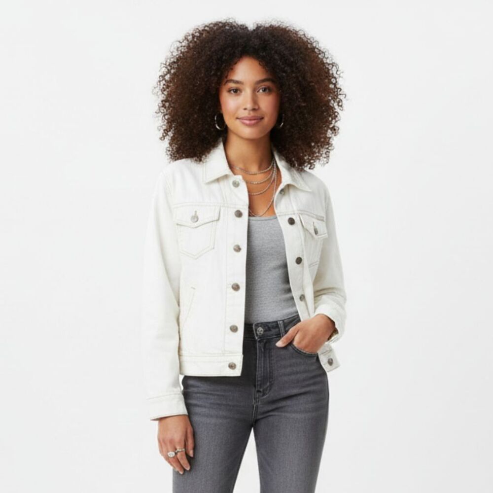 Calvin Klein Jeans White Denim Long Sleeve Button Up Cropped Trucker Jacket M